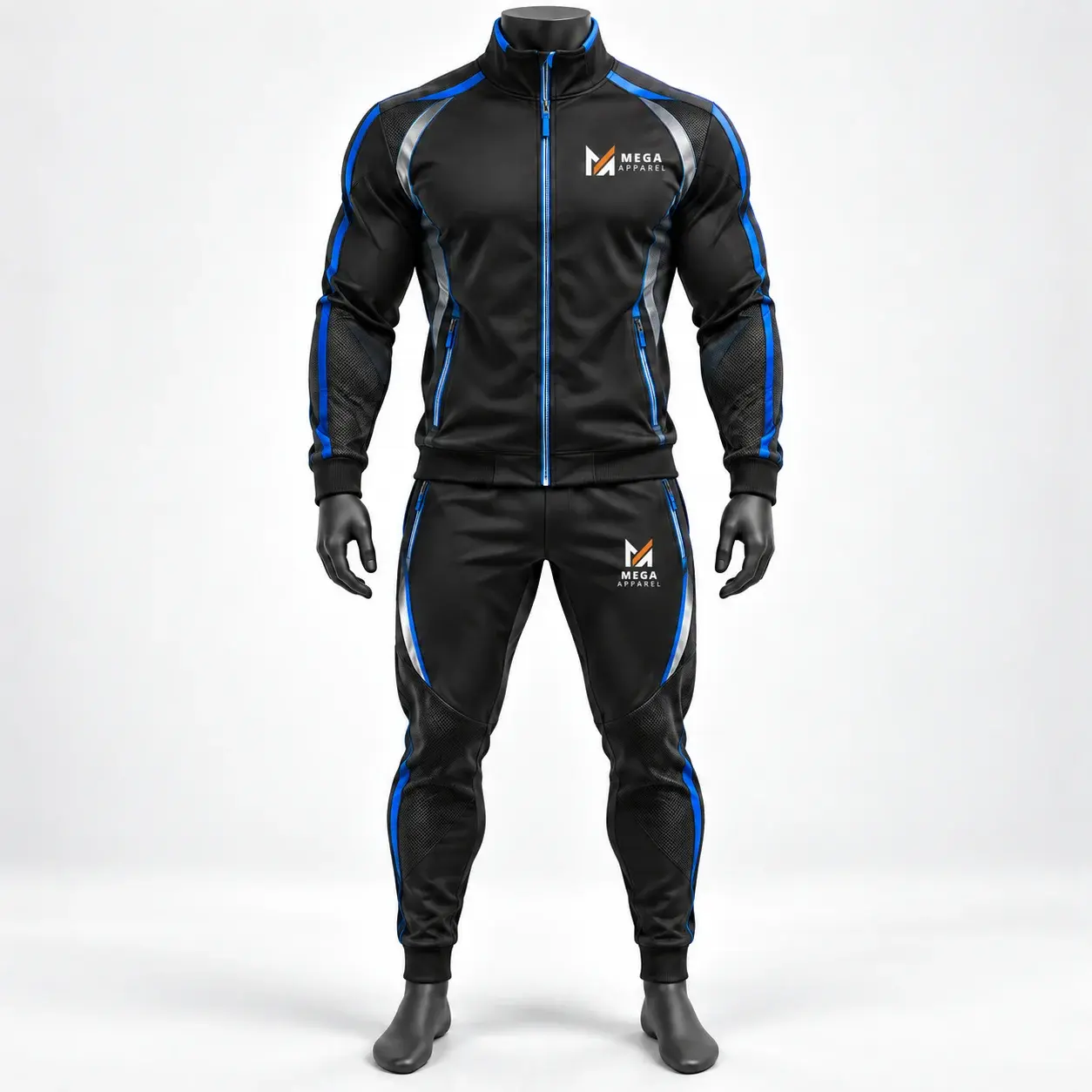 Black performance tracksuit with electric blue and silver panel accents, athletic tapered fit, mesh detailing, and Mega Apparel logos on the jacket and pants.